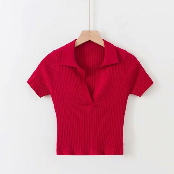 

women's t-shirt 2021 summer knitted v-neck lapel shirt ladies short sleeve temperament slim fashion simple style mujer streetwear, White