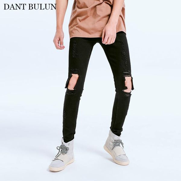 

fashion high street jeans men with knee ripped hollow out trousers stretchy denim pants distressed streetwear hip hop men's, Blue