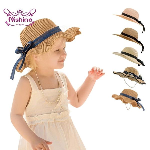 Nishine çocuk moda el yapımı örgü yaz güneş koruyucu kapaklar sevimli şerit bowknot açık plaj saman şapkaları çocuklar başlık geniş ağzı