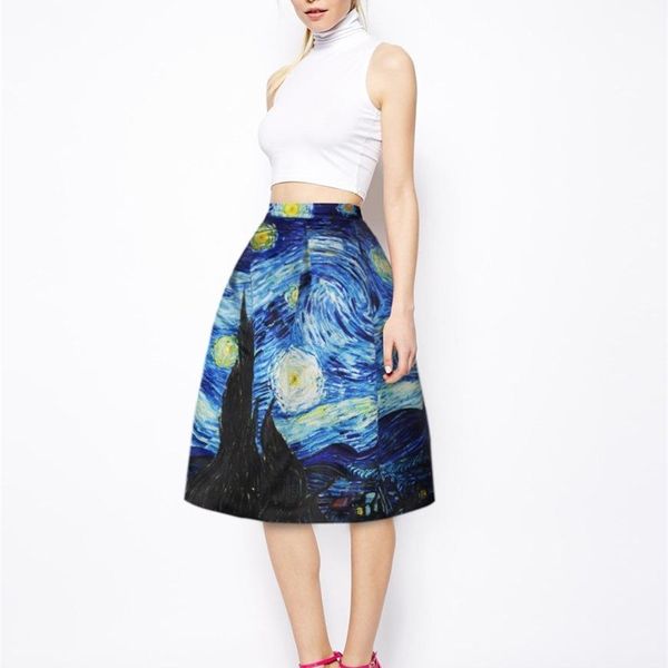 

qybian faldas vintage van gogh print ladies skirts high waist womens christmas plus size 210629, Black