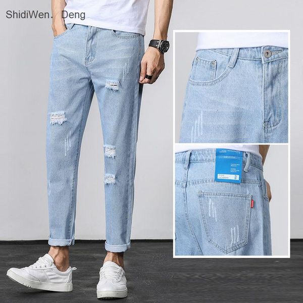

spring and summer korean men's solid color ripped straight wide-leg loose jeans trend wild beggar nine-point denim pants, Blue