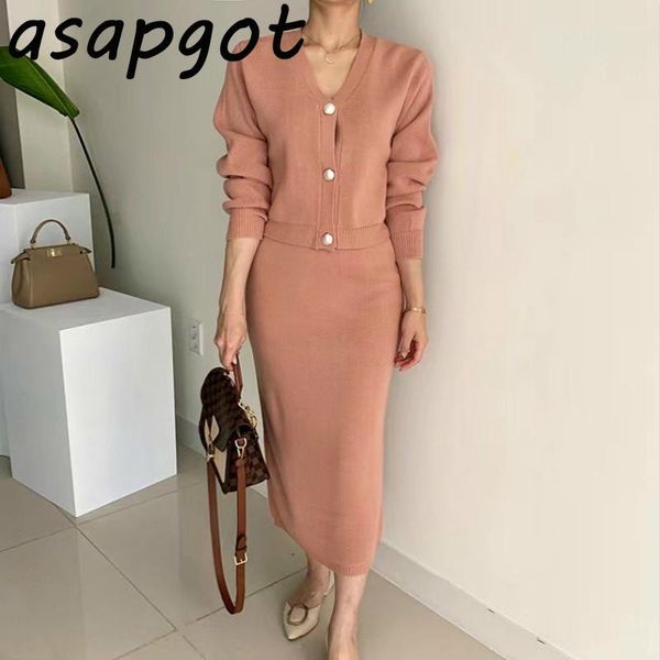 

women's tracksuits asapgot chic korea pink elegant slim v-neck pearl single-breasted knitted sweater fashion sheath bodycon high waist, Gray