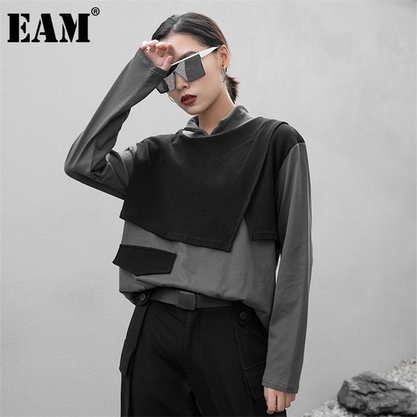

[eam] women gray contrast color big size irregular t-shirt new turtleneck long sleeve fashion tide spring autumn 1db350 210330, White