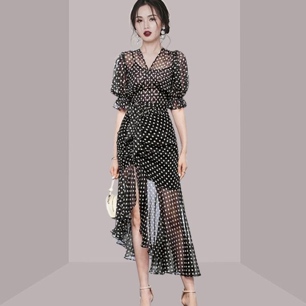 

vintage v-neck polka dot printed chiffon drawstring midi dress women elegant high waist slim ruffle vestidos fashion summer 210518, Black;gray