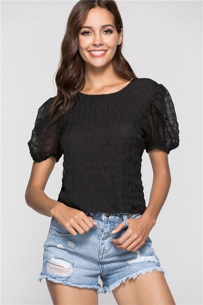 

women's blouses & shirts shelise cut-out puff sleeve lace-up chiffon shirt short top, White