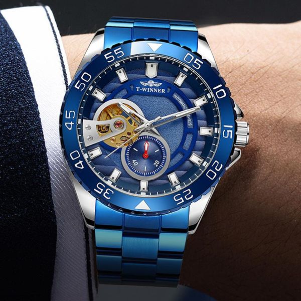 

men watches automatic mechanical watch blue stainless steel waterproof sports wrist business relojes wristwatches, Slivery;brown
