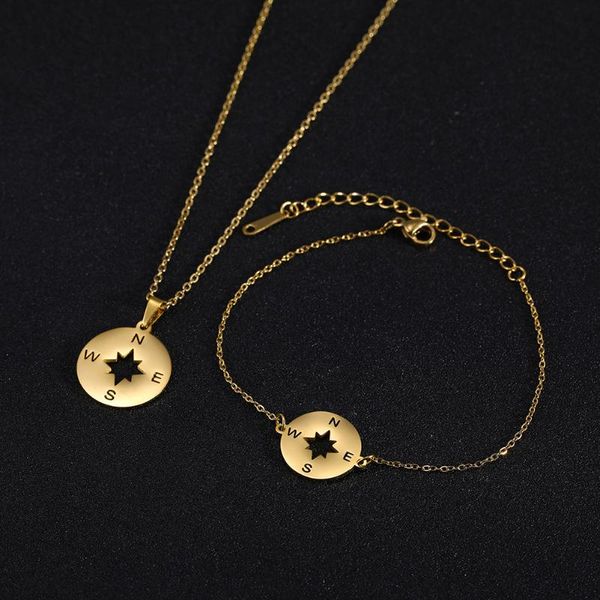 

earrings & necklace cazador simple compass pendant gold color stainless steel bracelet jewelry set for women wedding birthday gift, Silver