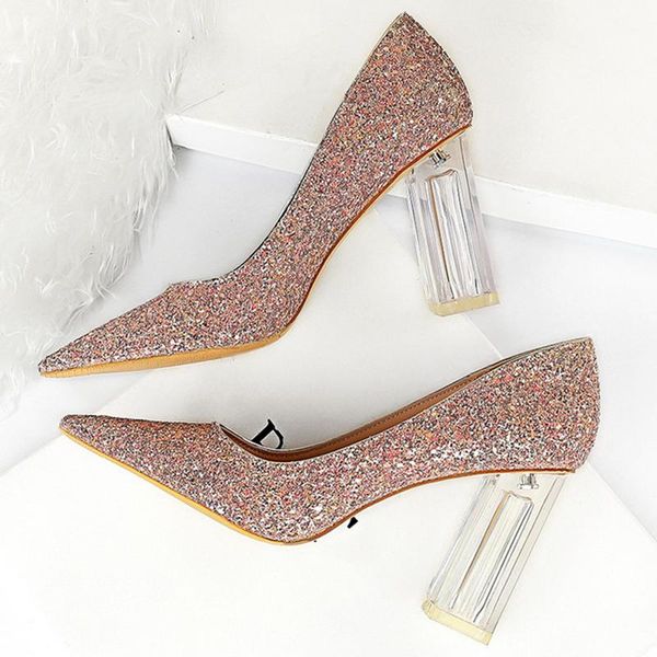 

dress shoes 2021 fashion women clear high heels glitter gold pink white female bridal wedding valentine pumps plus size, Black