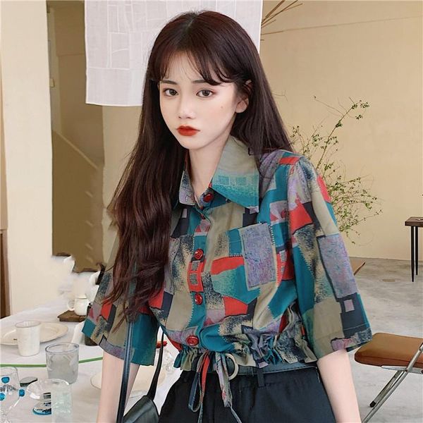 

women's blouses & shirts loose vintage style crop clothing summer casual print patchwork female fashion brand 2021, White