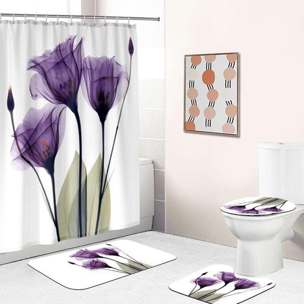 

shower curtains waterproof purple tulip flower bathroom curtain set non-slip bath mat toilet lid cover rug