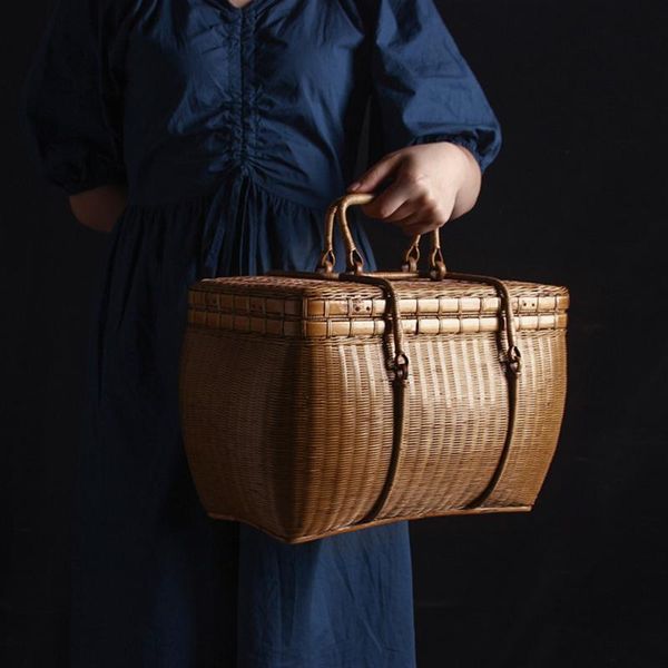 

pure hand-made bamboo tea box set storage bag fashion retro hand cage ceremony portable baskets