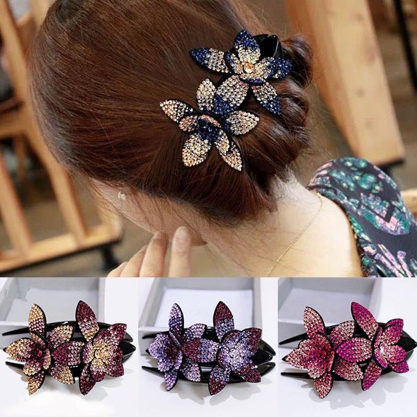 

rhinestone double flower hair clip hair crystal peals hair combs female elegant beads hairgrip handmade fashion accessories, Silver