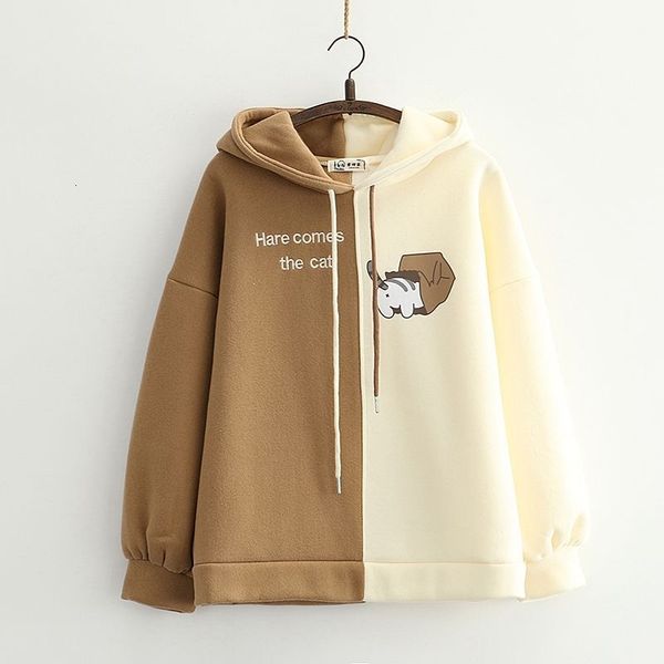 

women's hoodies & sweatshirts harajuku kawaii women brown hoodie winter cute cat graphic hooded sweatshirt girls aesthetic long sl, Black
