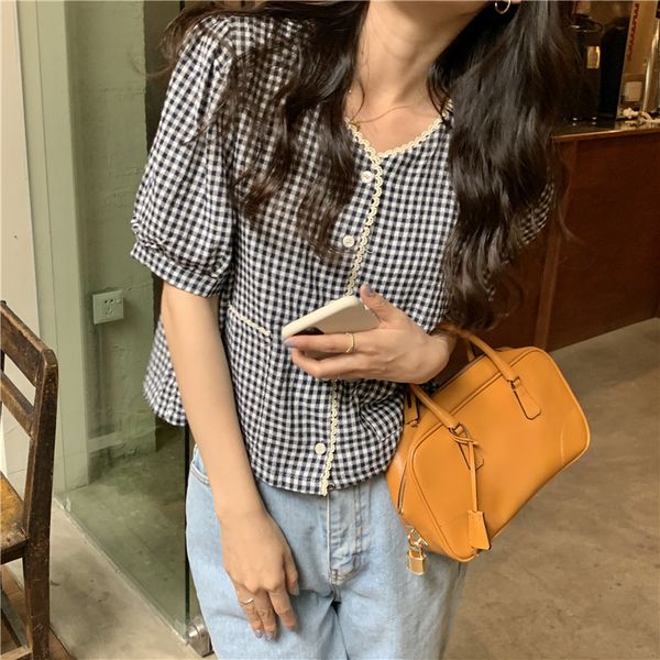 

simple vintage button line puff sleeve lace patckwork black white plaid women shirts 210522