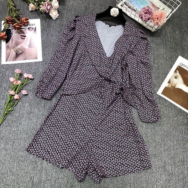 

women's jumpsuits & rompers [ewq] 2021 spring summer arrivals three quarter sleeve v-neck high waist print pattern loose was thin women, Black;white