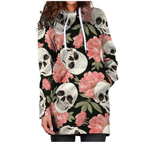 

casual dresses halloween ladies long sleeve hoodie sweatshirt women fashion skull floral print pocket mini vestido playa mujer, Black;gray