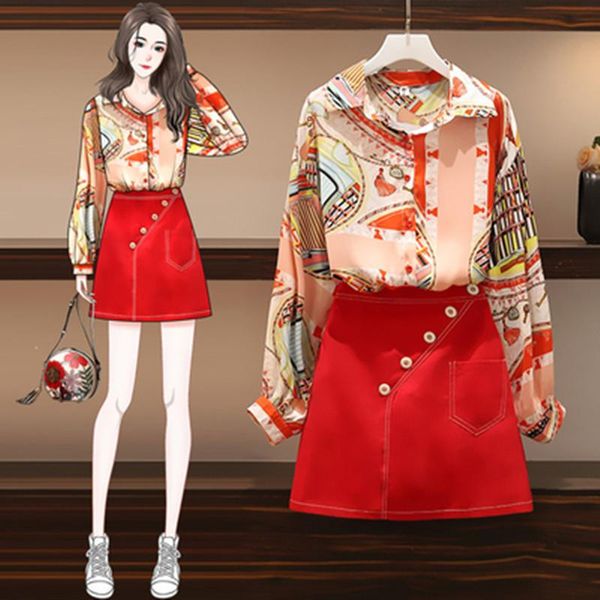 

two piece dress yuzacdwx plus size women's clothing 2021 spring summer 2 set women fashion slim printed shirt skirt two-piece suit vint, White