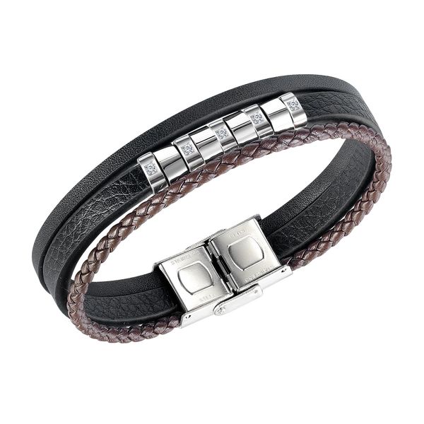

leather bracelet for men multilayer knit with diamond stainless steel black brown punk hippop jewelry boys gifts, Golden;silver