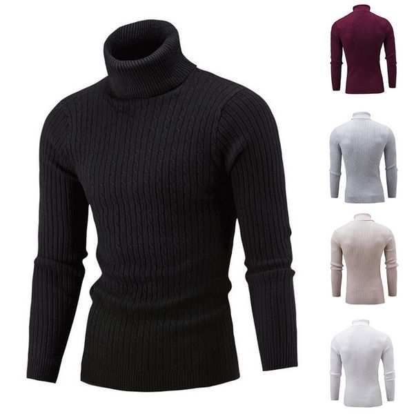 

casual men winter solid color turtle neck long sleeve twist knitted slim sweater mens pullover knitwear, White;black