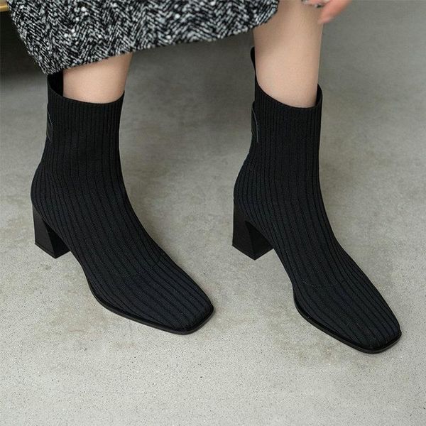 

boots sianie tianie 2021 autumn fall shoes acrylic knitting stretch socks booties block high heels fashion womens ankle, Black