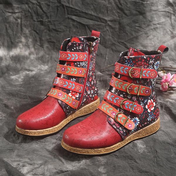 

boots women boot retro printed metal buckle pu leather zipper ankle fashion ladies shoes female botines mujer 2021, Black
