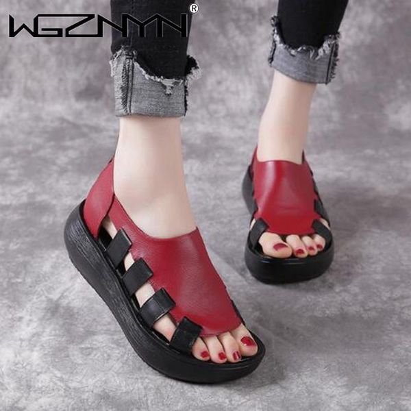 

sandals summer genuine pu leather flat platform for women hollow out mixed colors breathable peep toe ladies outdoor, Black