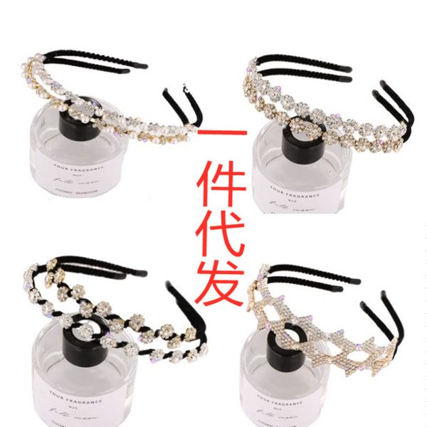 

diamond headband women's full diamond cloth winding geometric flower pearl wide edge headband hair clip hair accessories, Silver