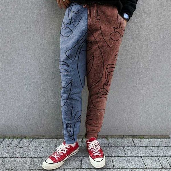 

vintage print plush men long pants casual patchwork drawstring pencil pants mens pocket autumn winter fashion trousers 211110, Black