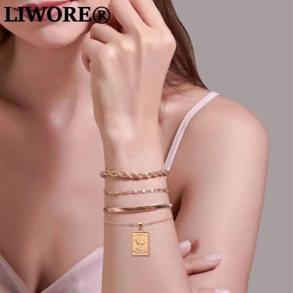 

link, chain liwore fashion square tag portrait bracelet set for women multilayer snake golden jewelry gift, Black