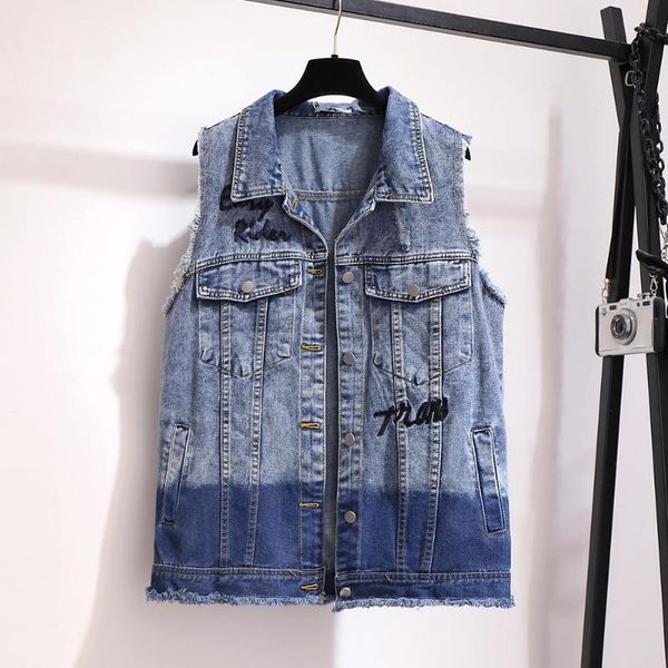 

plus size t-shirt 60526 autumn women sleeveless denim jackets embroidery color contrast vintage loose large vest coat waistcoat female, Black