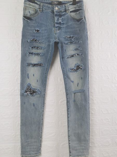 

falection mens 21ss amimike distressed bandanna patch ripped denim bluejeans, Blue