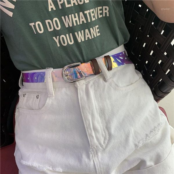 

belts shiny pvc girl belt adjustable holographic transparent single eyelet grommet metal buckle waistband punk ceinture femme1, Black;brown