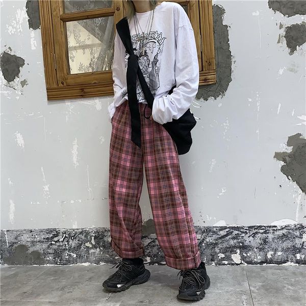 

korean style plaid pants harajuku baggy women vintage wide checked trousers japanese streetwear women's & capris, Black;white