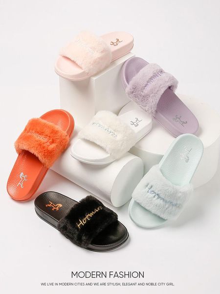 

slippers slides for women summerÂ winterÂ faux fur fuzzy sandals furry soft flat indoor outdoorÂ open toeÂ house shoes, Black