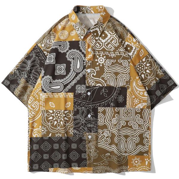 

men's casual shirts 2021 summer hawaiian streetwear hip hop harajuku tropical holiday splicing bandana pattern print beach shirt, White;black