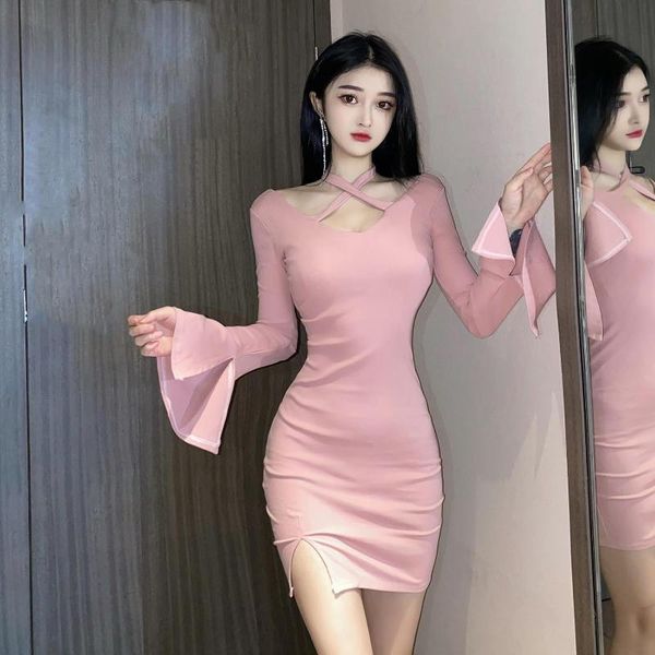 

the anglo-american sleeve long horn lotus leaf, waist hanged neck vented package hip pure color female dress casual dresses, Black;gray