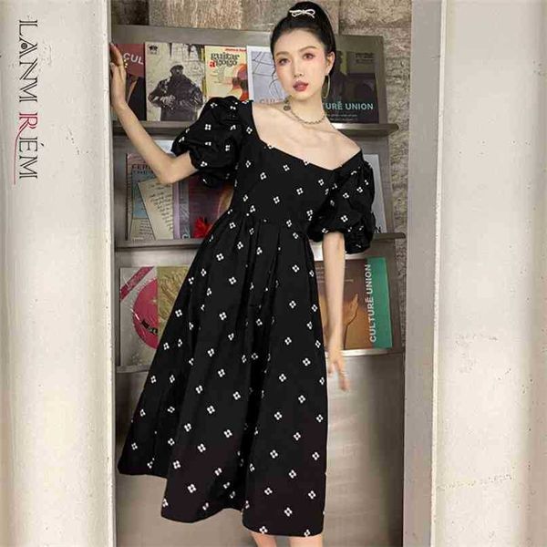 

summer embroidery flower puff sleeve dress square collar women large size dresses female cute clothing 2d1537 210526, Black;gray