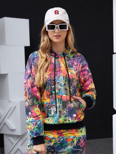 

x suzettevidaartworks random print pouch pocket drawstring hoodie 37o3#, White;black