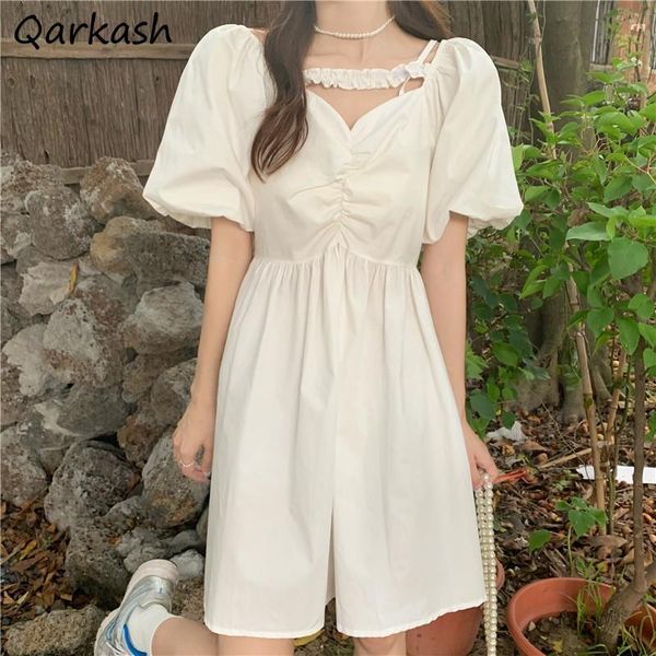 

casual dresses dress women french style simple pure all-match college mini leisure a-line folds design slash neck puff sleeve summer vestido, Black;gray