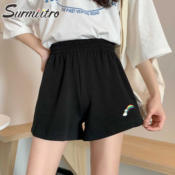 

surmiitro summer shorts women korean style white black rainbow print high elastic waist female short pants 210712