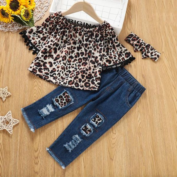 

clothing sets summer baby girls leopard print clothes set, flared sleeve off-shoulder pullover + elastic waist ripped jeans+bow headband, White