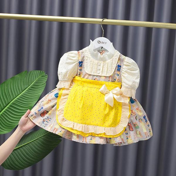 Kleines Mädchen Polka Dot Kurzarm Plissee Kleid Sommer Kinder Cartoon gedruckt Bowknot Kuchen Tutu Kleider süße Kinder Kleidung S1055
