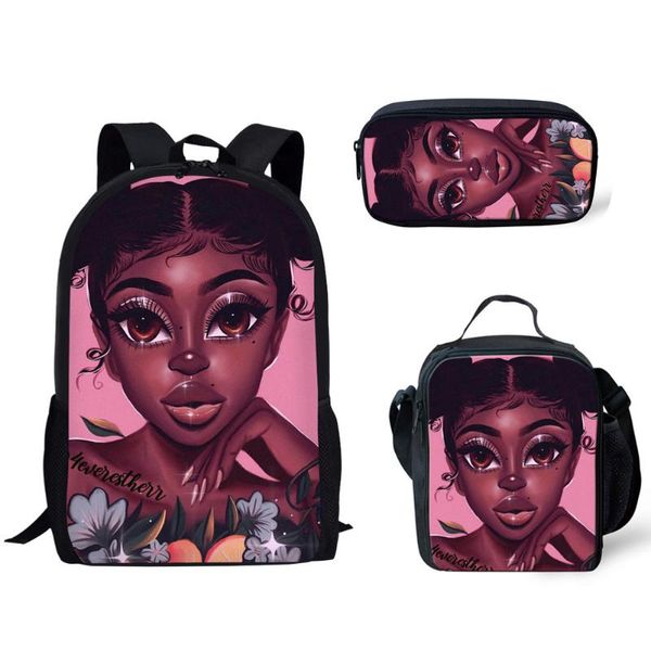 Mochila da Escola Print CuSotm Backpack para crianças 3pcs/set shool saco de arte preta garotas africanas imprimindo infantil satchel primária