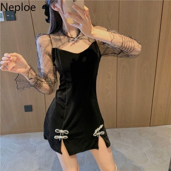 Neploe Bodycon Dress Donna Vintage Patchwork Garza Abiti Chic Bow Scava Fuori Sexy Ladies Mini Cheongsam Abiti Donna 210422