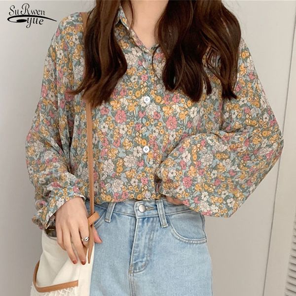 Осенние повседневные плюс размер печати шифон блузка женщины корейские слойки с длинным рукавом цветочные рубашки кардиган топы Bluss 10312 210521