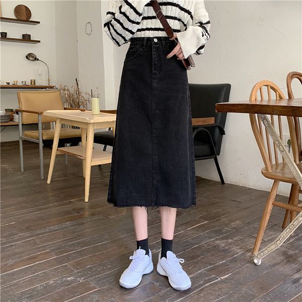 

skirts autumn 2021 korean high waist slim versatile denim medium long black a-line skirt for women
