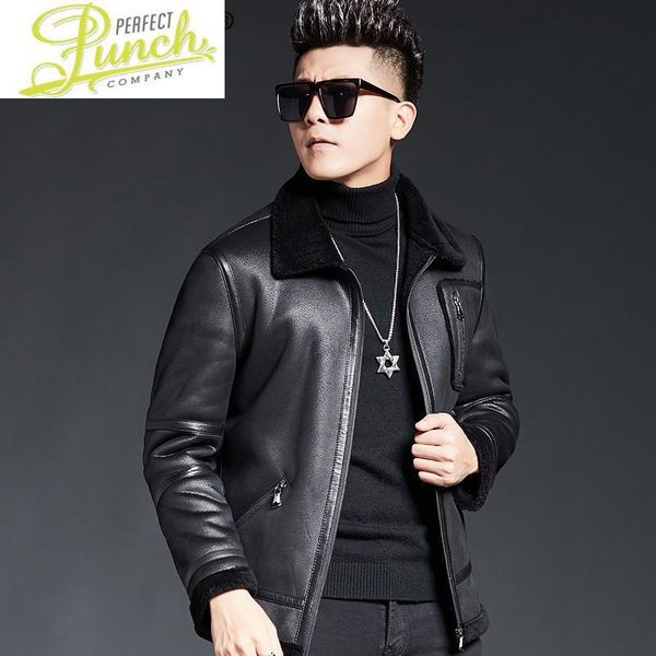 

men's leather & faux genuine jacket men autumn winter sheepskin coat motorcycle 100% wool lining plus size 18368 kj4026, Black