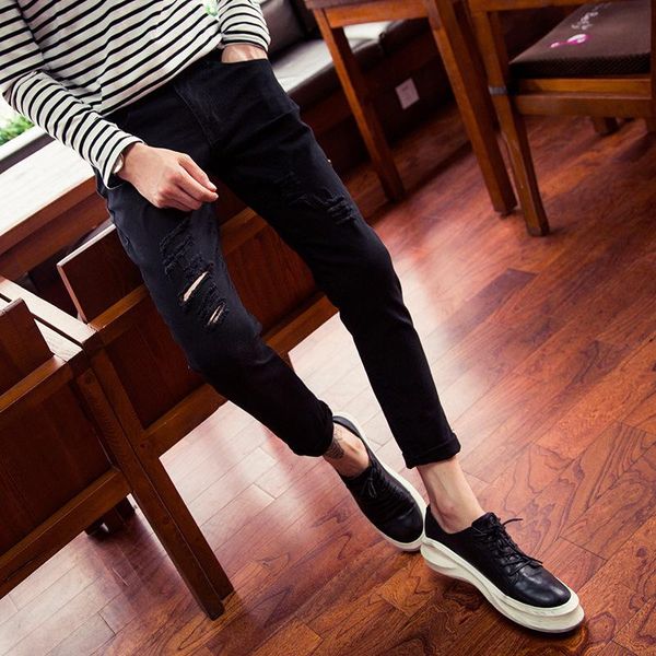 

men's jeans fashion 2021 slim ripped hole black white casual cowboy hip hop pants cropped original broken, Blue