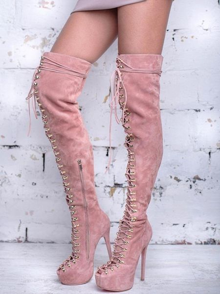 

boots nude suded platform high heel peep toe lace-up over the knee woman thigh, Black