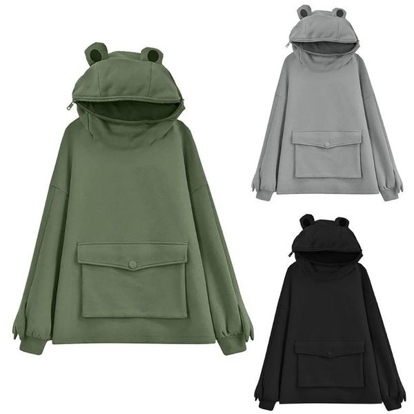 

women's hoodies & sweatshirts women cute frog eyes solid color long sleeve oversized baggy sweatshirt harajuku large pocket pullover tu, Black